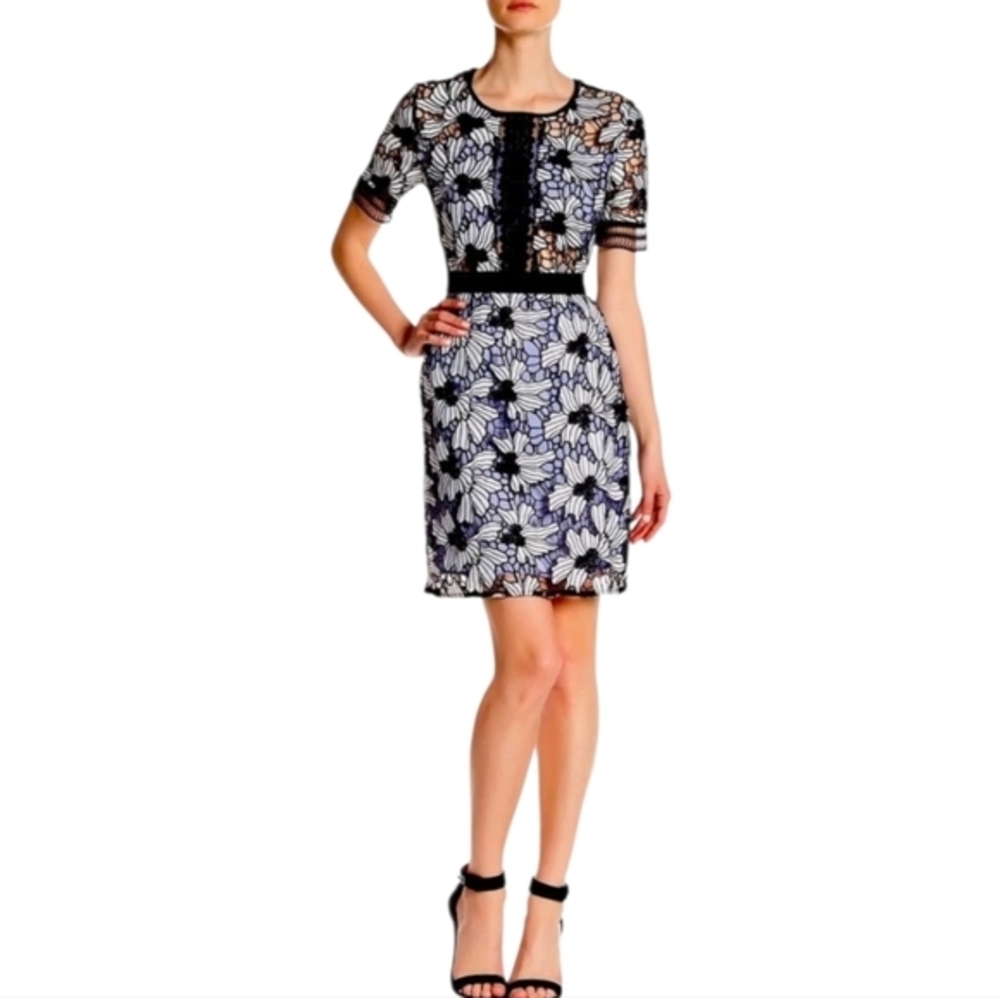 Romeo & Juliet Floral Lace Sheath‎ Dress Black White Blue Knee Length Size Small - Picture 8 of 16